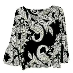 Eva Varro black/white tunic sz S,3/4 Flowy bottom sleeve, stunning peacock print